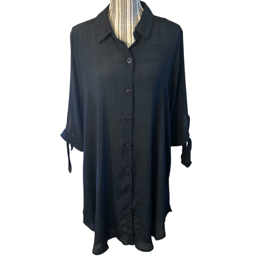 NEW Mlle Gabrielle Dress Large Petite Black Button-Down Semi-Sheer Coverup NWT